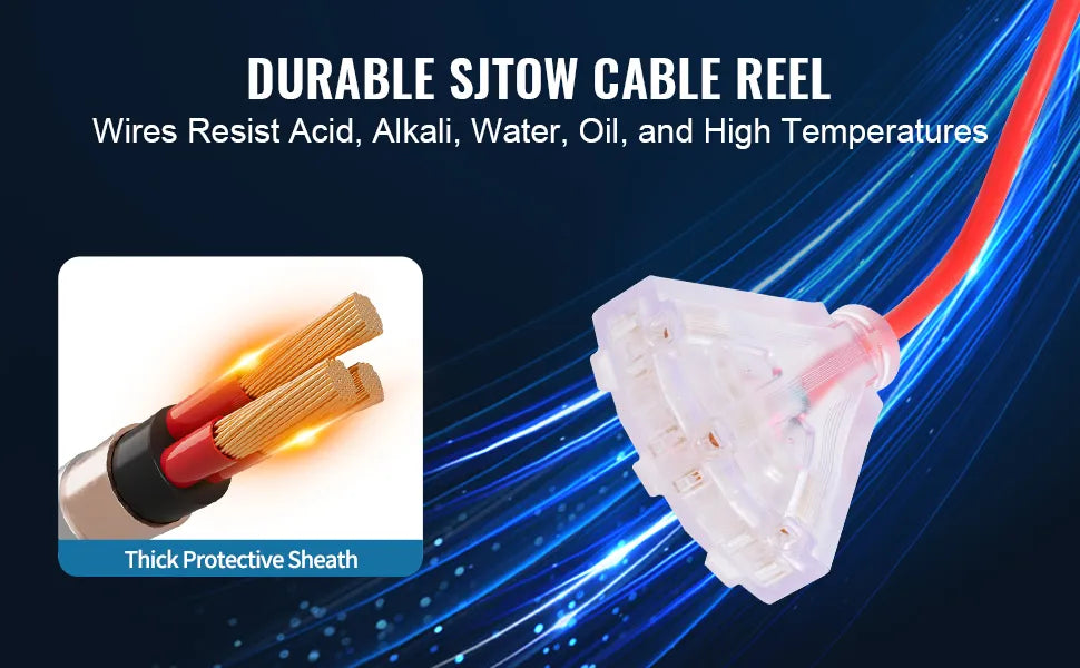 Retractable Extension Cord Reel 80 FT Heavy Duty 12AWG/3C SJTOW Power Cord with Lighted Triple Tap Outlet 15 Amp Circuit Breaker 180° Swivel Bracket for Ceiling or Wall Mount
