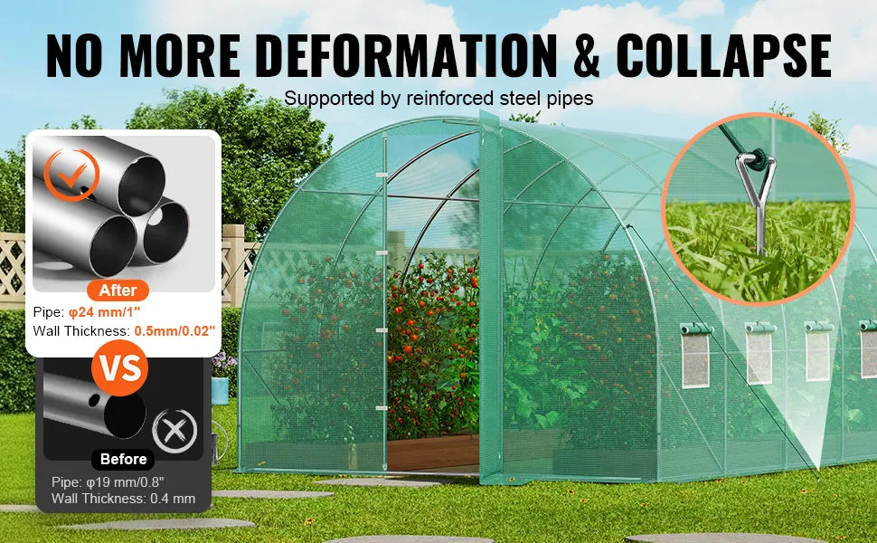 Walk-in Tunnel Greenhouse 19.4x9.7x7.4 Ft Hoop House with Galvanized Steel Frame Green PE Cover