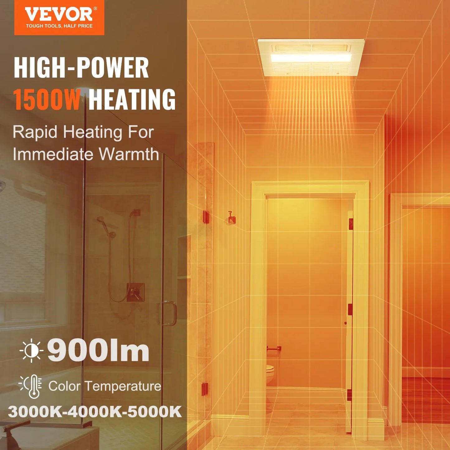 VEVOR Bathroom Exhaust Fan – 1500W Heat, 110 CFM Ventilation, Low Noise Ceiling Fan (1.5 Sones)