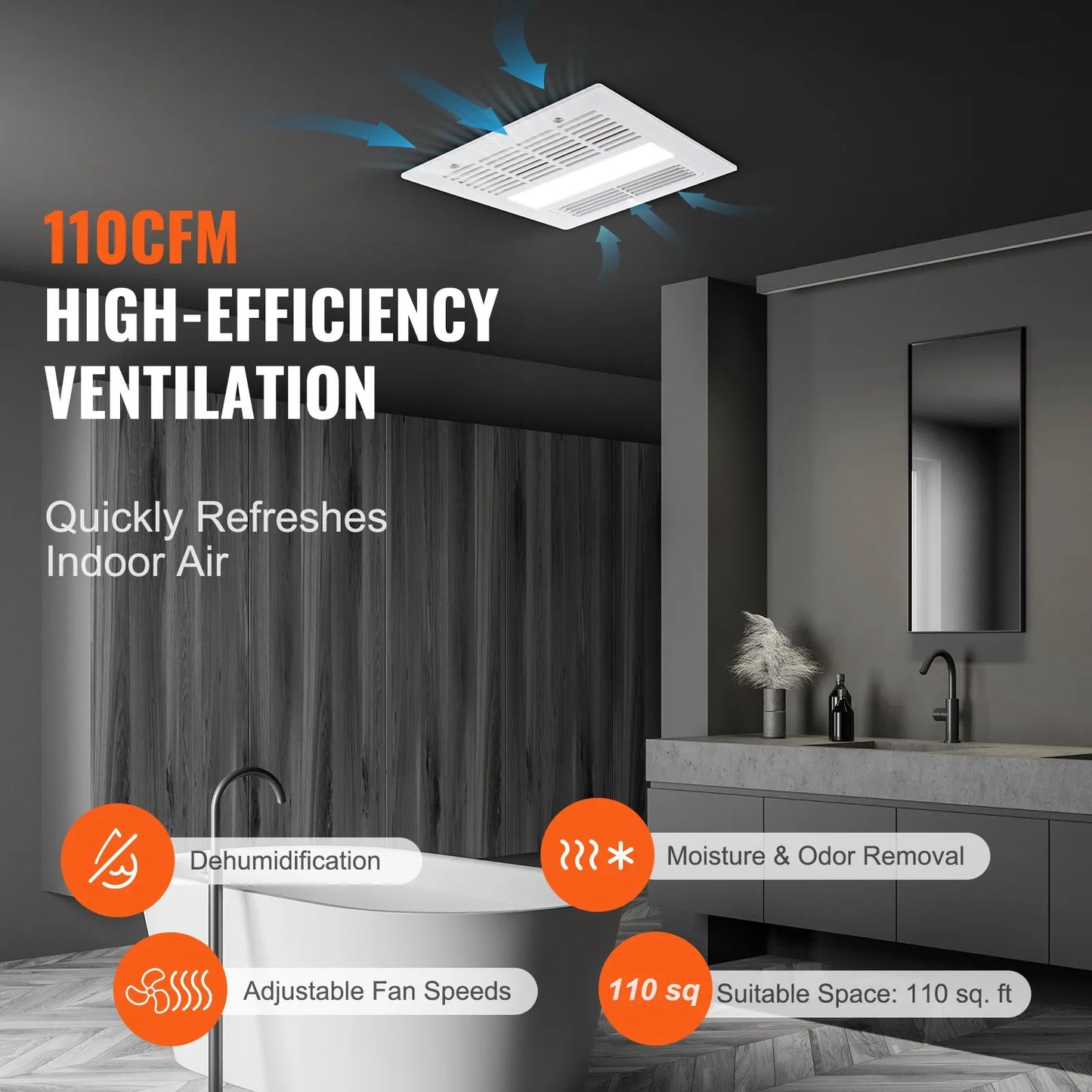 VEVOR Bathroom Exhaust Fan – 1500W Heat, 110 CFM Ventilation, Low Noise Ceiling Fan (1.5 Sones)
