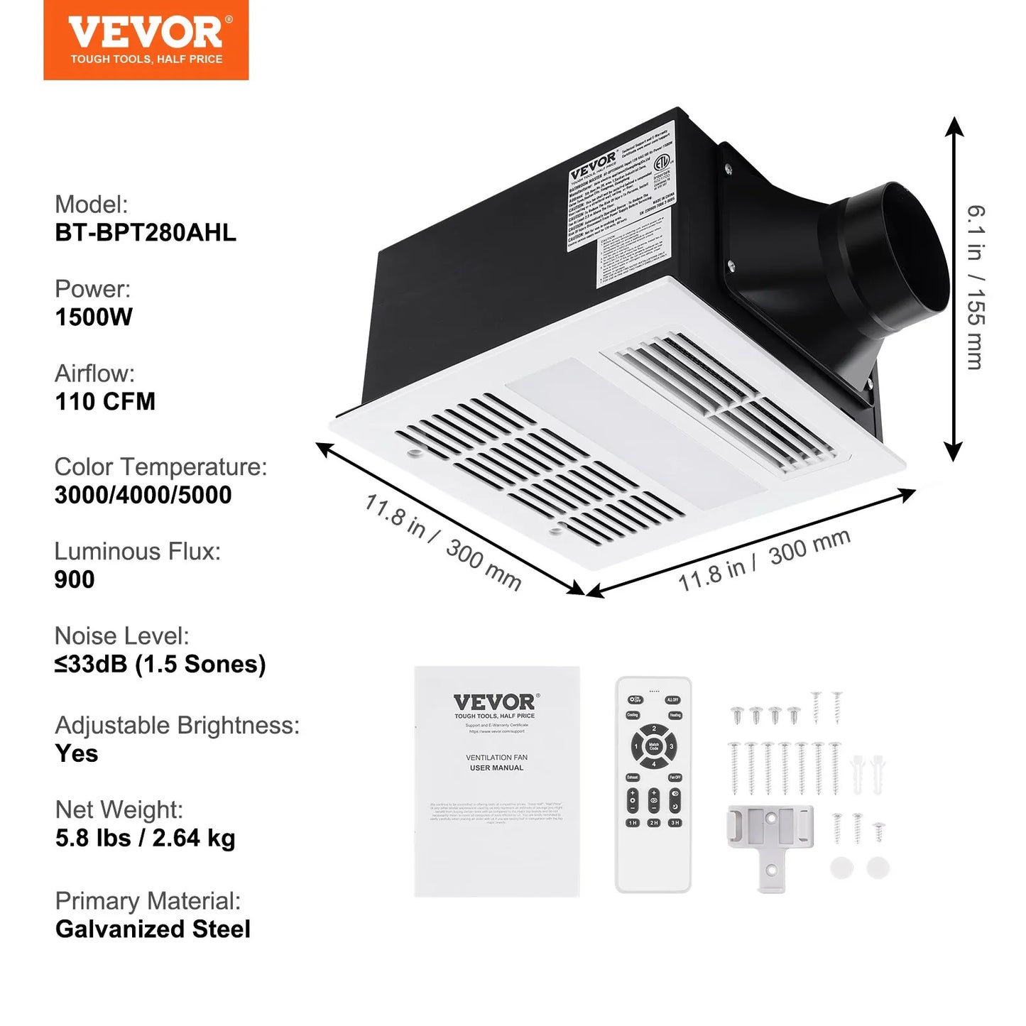 VEVOR Bathroom Exhaust Fan – 1500W Heat, 110 CFM Ventilation, Low Noise Ceiling Fan (1.5 Sones)