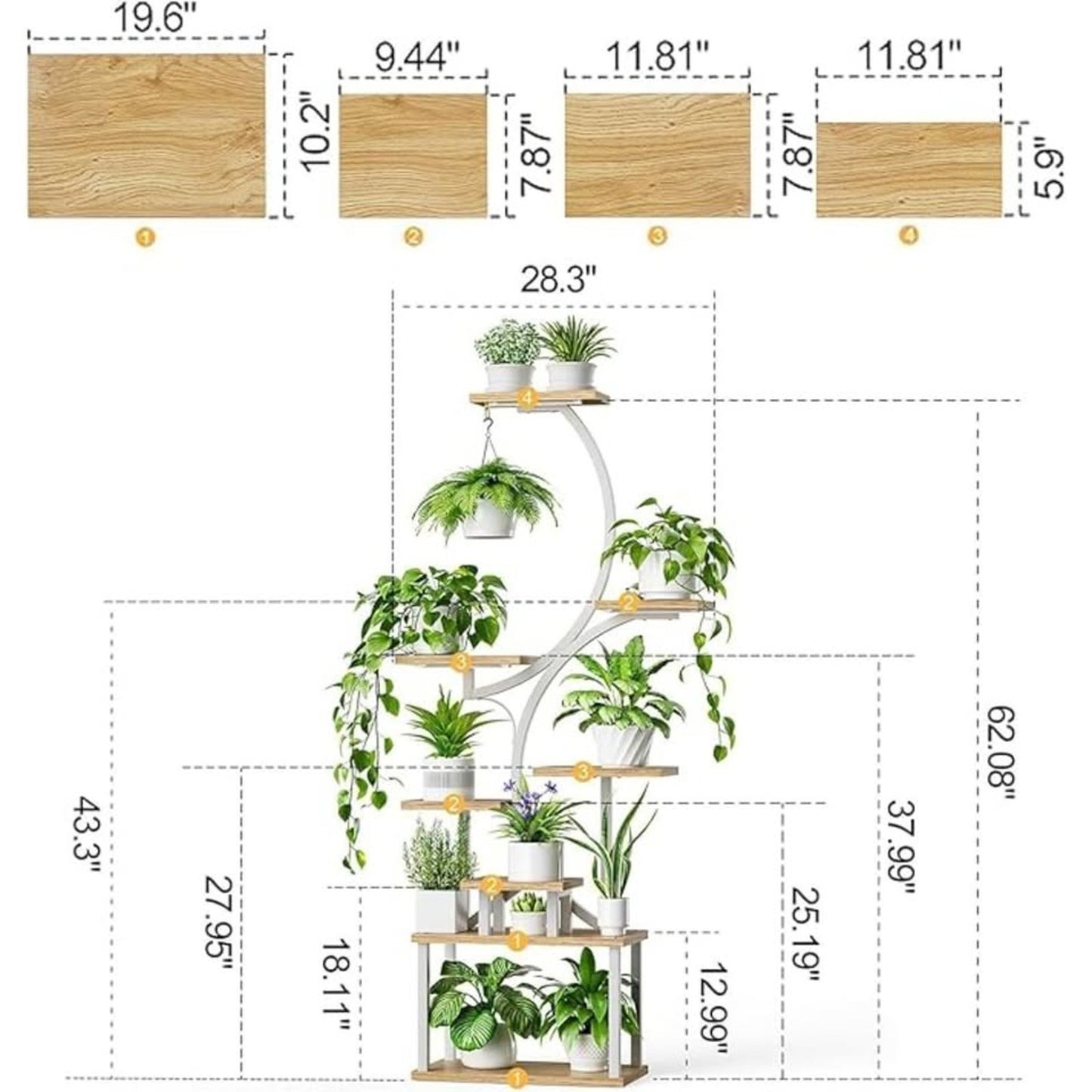 Multi-Tier Plant Stand – White Metal Frame with Brown Wood Square Shelves – Indoor/Outdoor