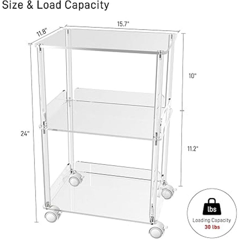 3-Tier Clear Acrylic Rolling Cart / Printer Stand with Wheels-NIB