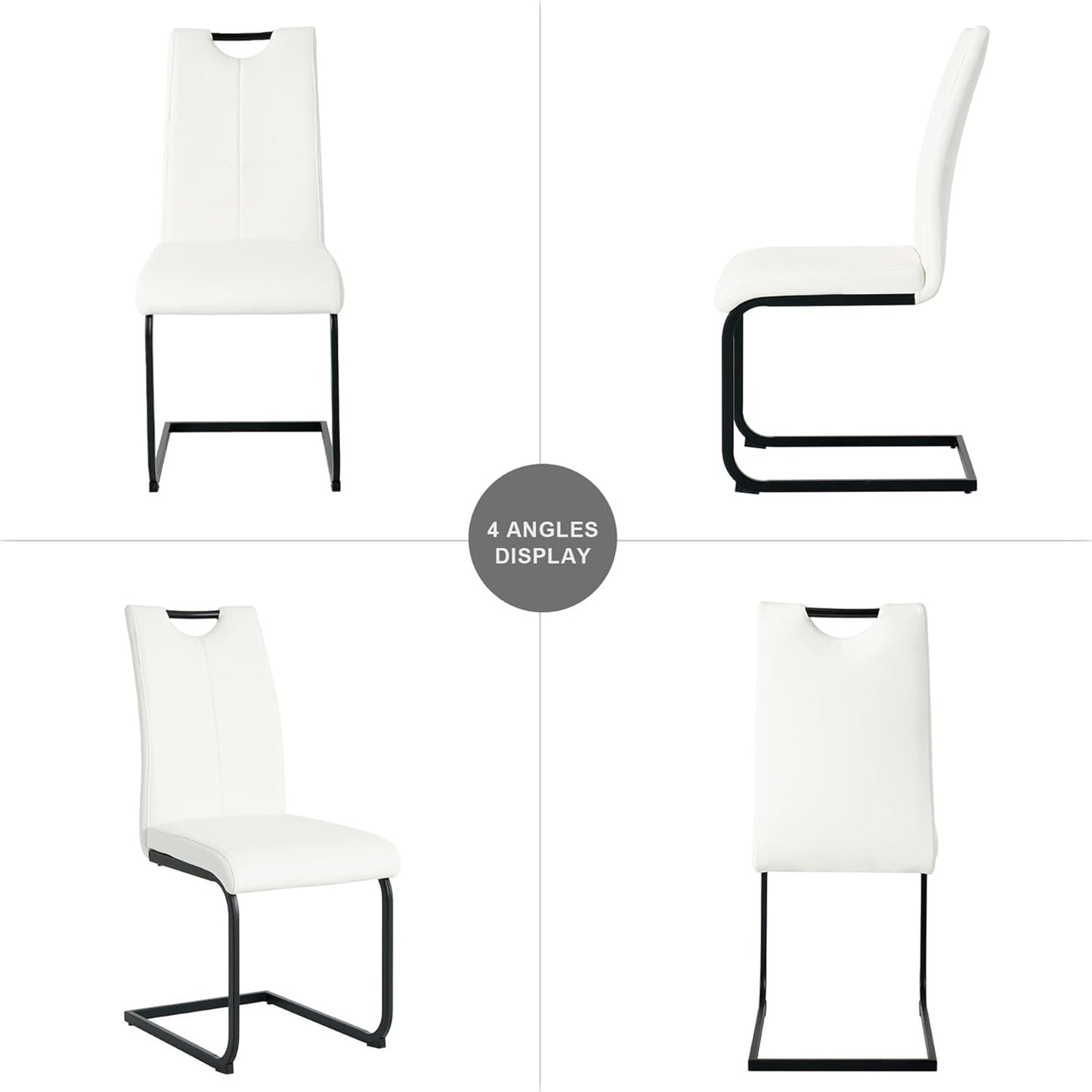 Modern White PU Upholstered Dining Chairs, Black Metal Legs, Set of 2