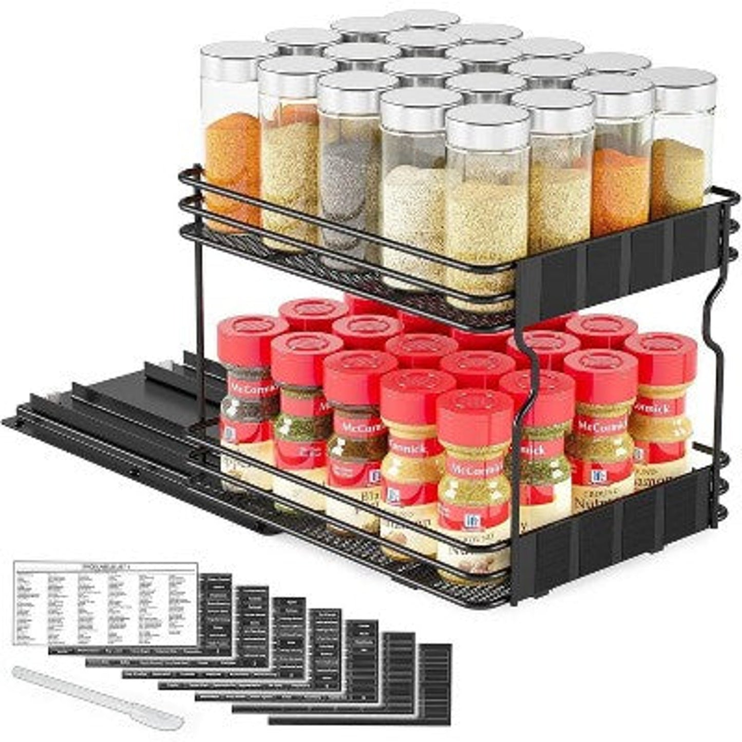 SpaceAid 2-Tier Pull Out Spice Rack Organizer with Labels