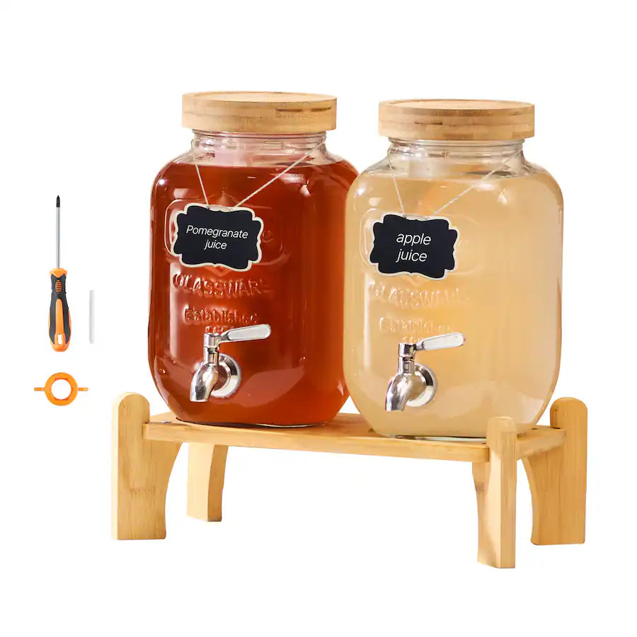 2 Pack 1 Gallon Glass Beverage Dispensers With Wood Stand Transparent