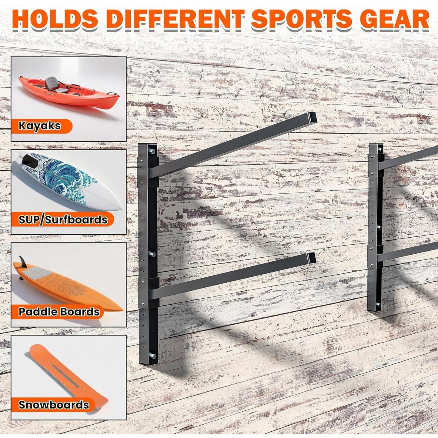 Heavy Duty Adjustable Wall Mounted Kayak Storage Rack for 2 Canoes Paddleboards
