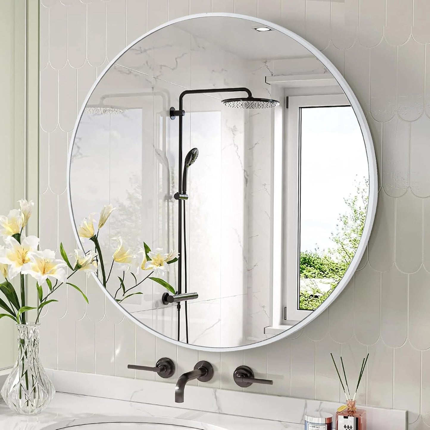 24" White Round Wall Mirror – Bathroom, Entry, Bedroom Décor- New in box