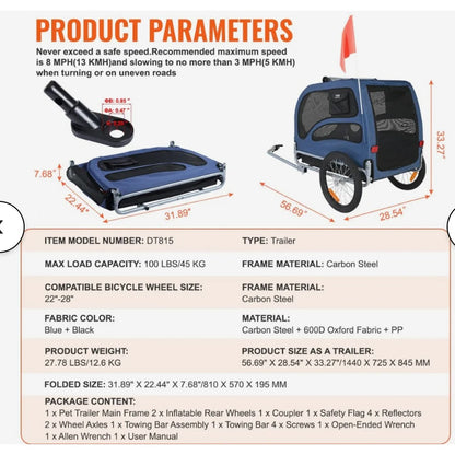 VEVOR Pet Bike Trailer – 100 lb Capacity, Black & Blue