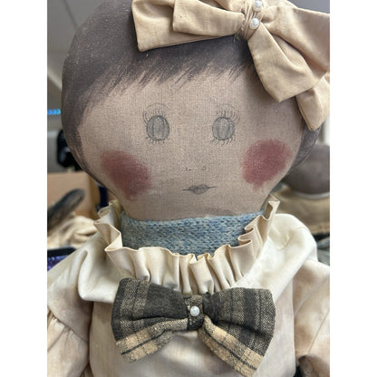 Vintage Handmade Primitive Folk Art Cloth Doll Pair – Boy & Girl – 30” – Signed