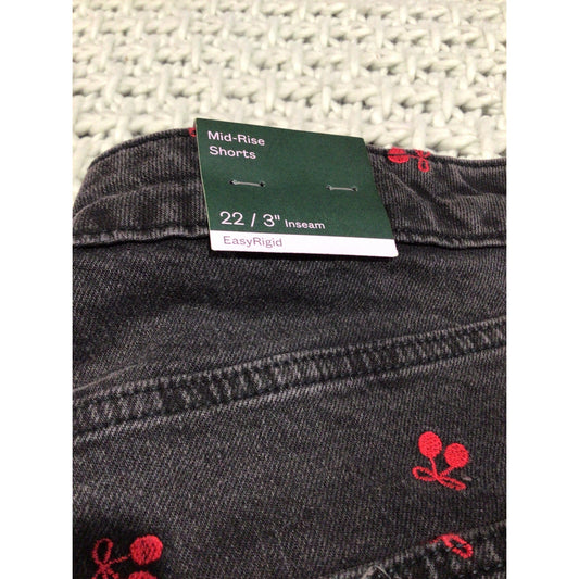 Title:
Black Denim Cherry Embroidered Mid-Rise Shorts – Size 22 / 3” Inseam / New With Tags