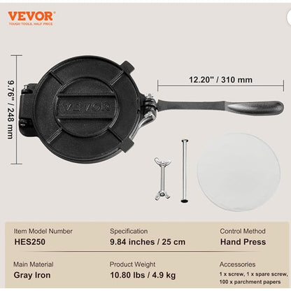 VEVOR 10" Cast Iron Tortilla & Roti Press, Brand New