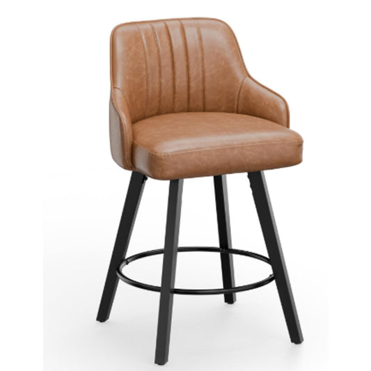 26” Swivel Bar Stool / Brown PU Leather Counter Chair / Solid Wood Legs