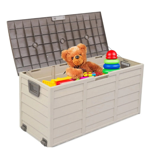 75-Gallon Outdoor Storage Box – Weather-Resistant Deck Box, Tan/Beige- NIB