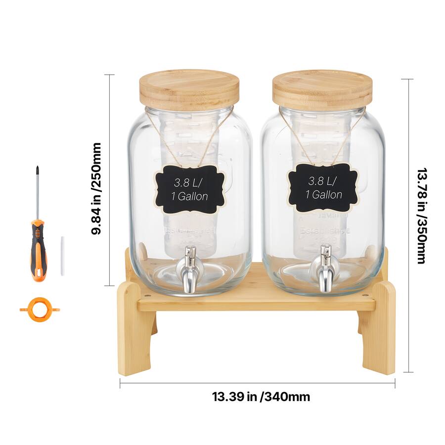 2 Pack 1 Gallon Glass Beverage Dispensers With Wood Stand Transparent