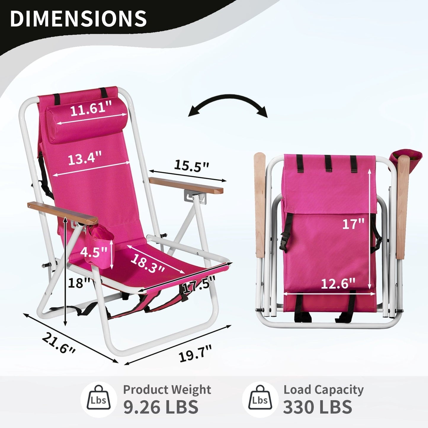 Set of 2 Pink Backpack Beach Chairs Folding 4 Position Reclining