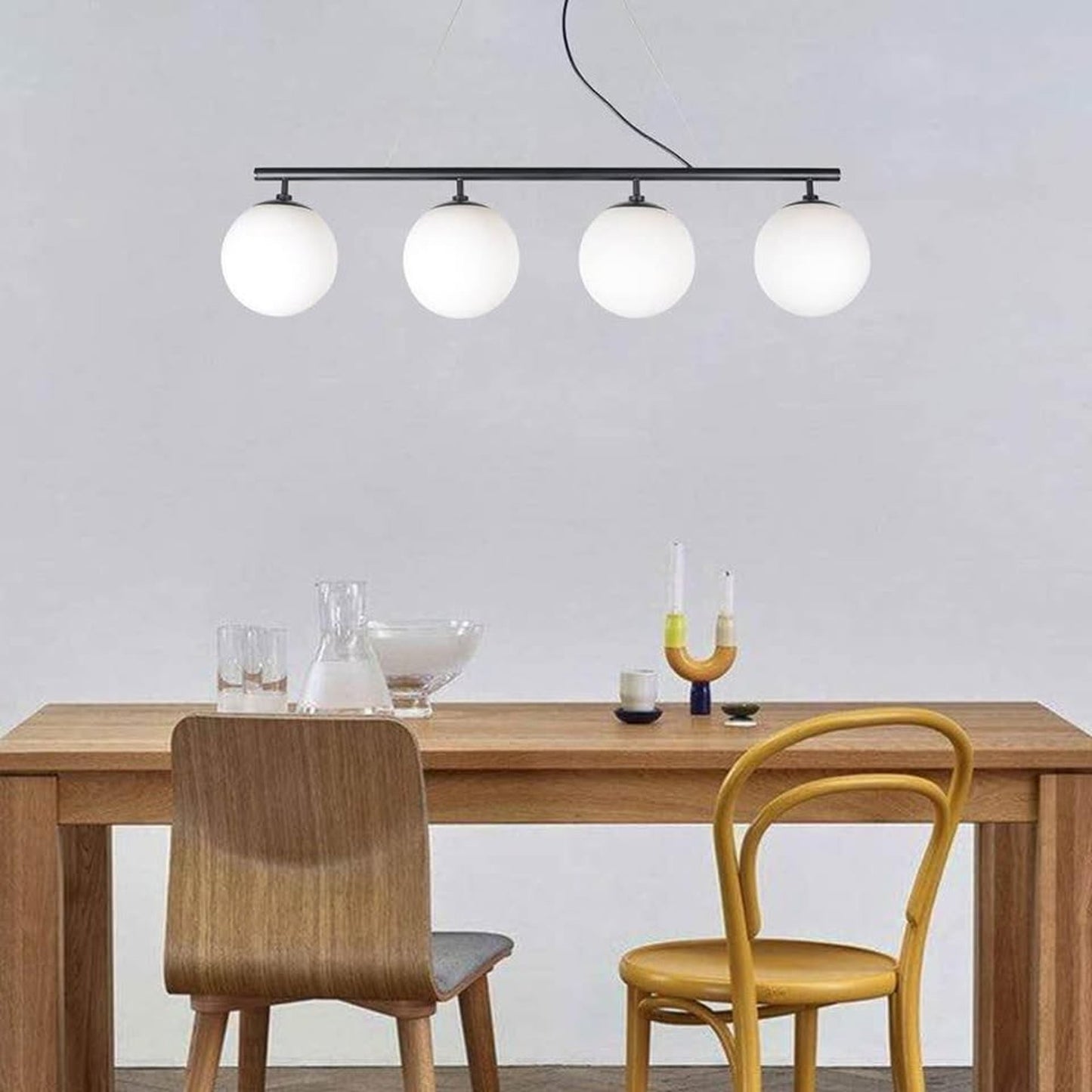 Modern 4-Light Globe Chandelier – Linear Pendant in Matte Black & Gold