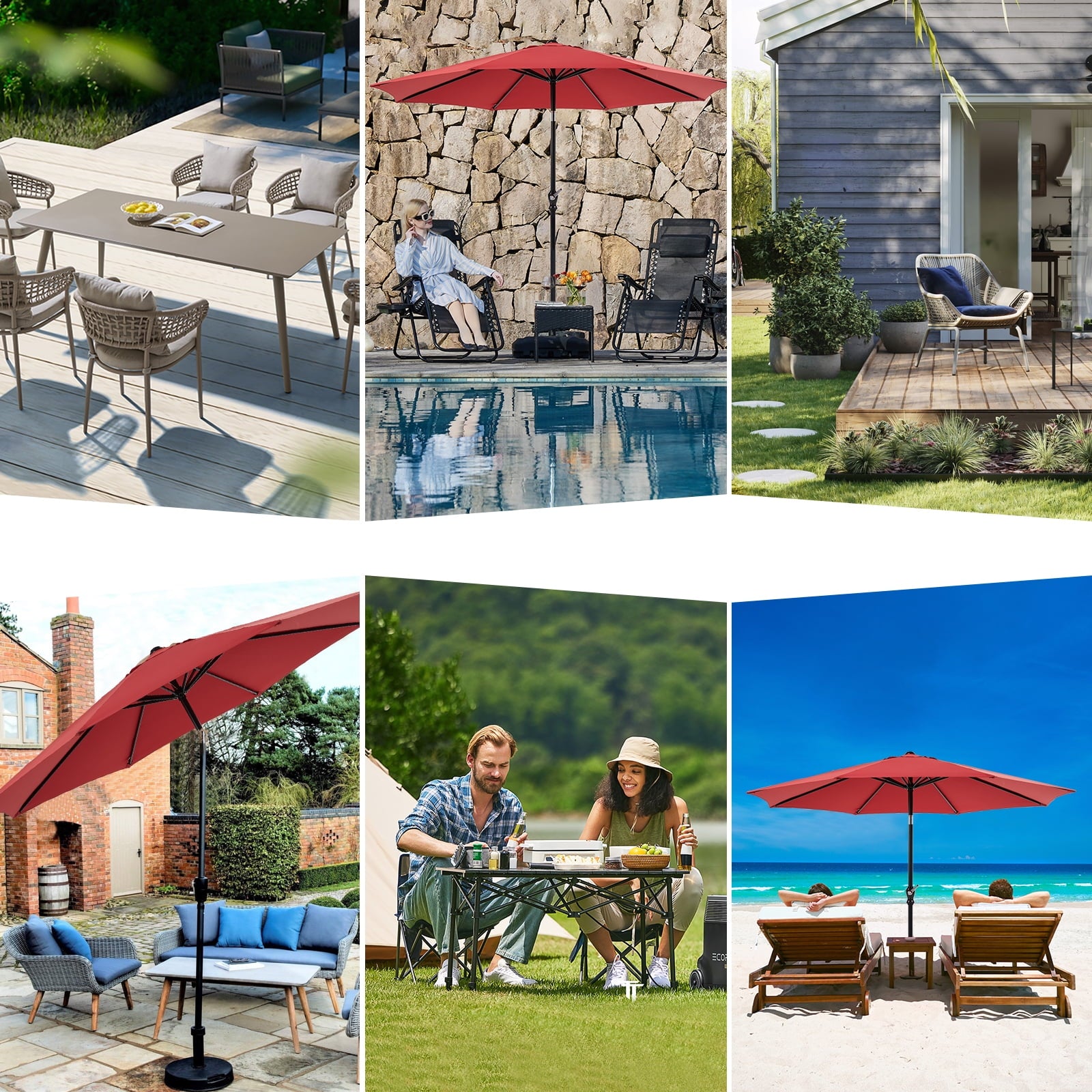 ZUNMOS 9ft Red Outdoor Patio Umbrella: Push Button Tilt, Crank, UV Guard