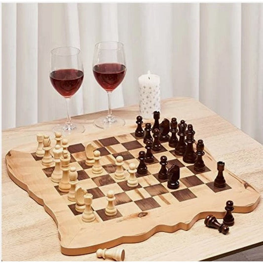 Rustic 15" Wooden Chess Set w/ Natural-Edge Board – New & Sealed (Z2106)