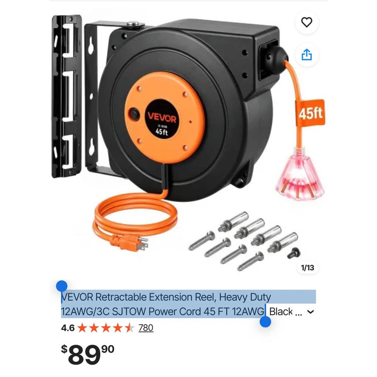VEVOR Retractable Extension Reel, Heavy Duty 12AWG/3C SJTOW Power Cord 45 FT