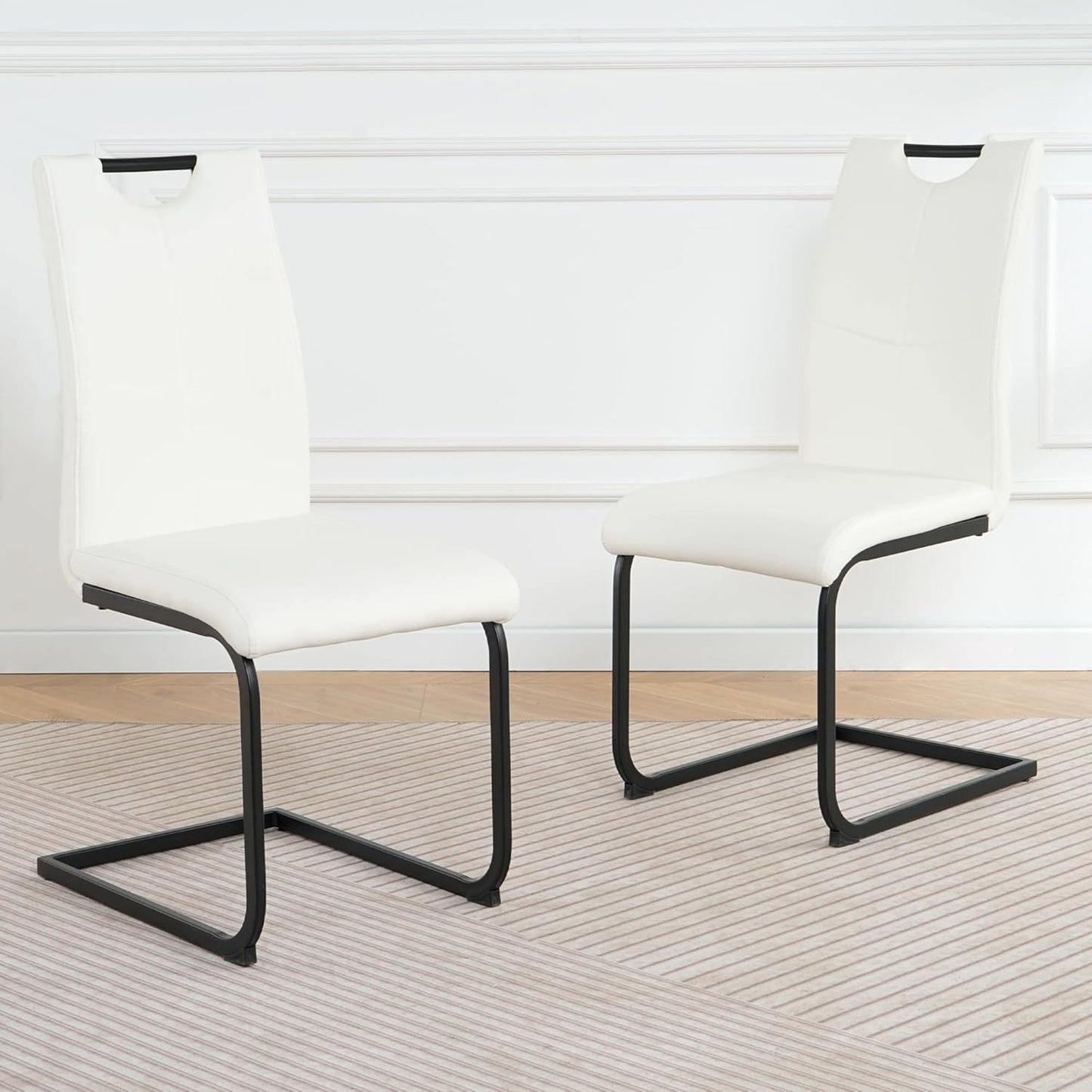 Modern White PU Upholstered Dining Chairs, Black Metal Legs, Set of 2