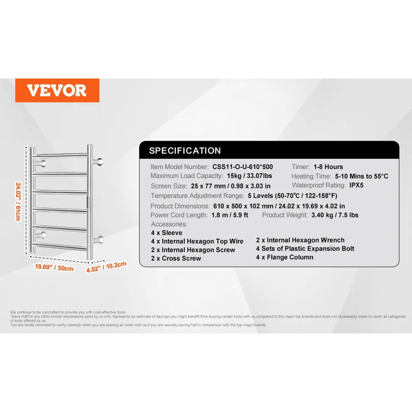 VEVOR 6-Bar Wall Mounted Heated Towel Rack for Bathroom, Silver Finish