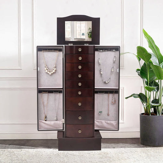 8-Drawer Jewelry Cabinet Wooden Armoire with Mirror Brown