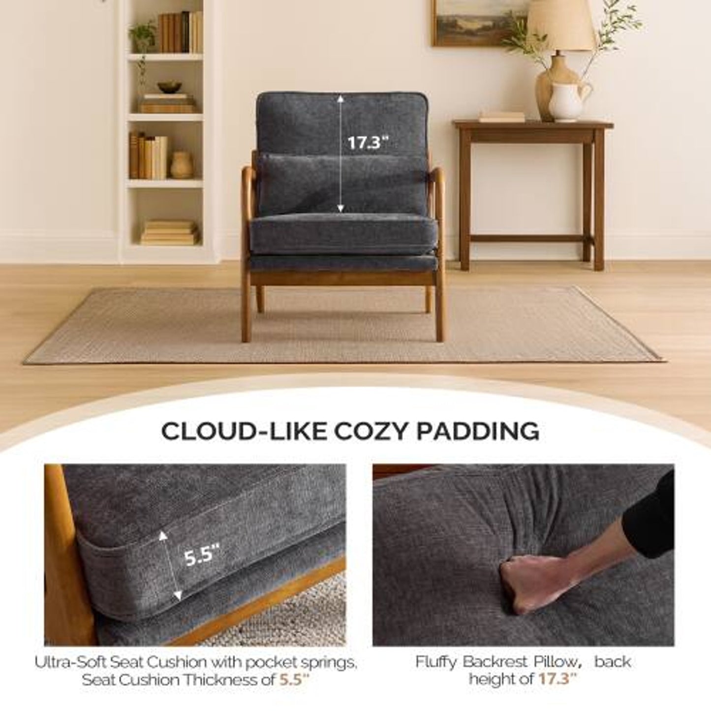 Mid-Century Modern Chenille Accent Chair with Wood Frame & Pillow