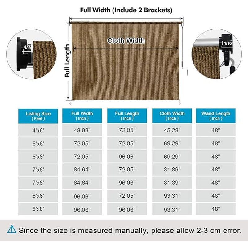 Outdoor Roller Shade 7x6 Walnut – Cordless Patio Roll-Up Shade- NIB