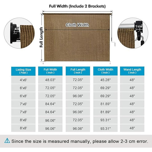 Outdoor Roller Shade 7x6 Walnut – Cordless Patio Roll-Up Shade- NIB