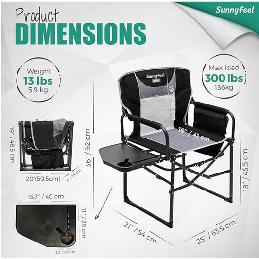 Oversized 21″×25″ Portable Directors Camping Chair with Folding Side Table & Storage