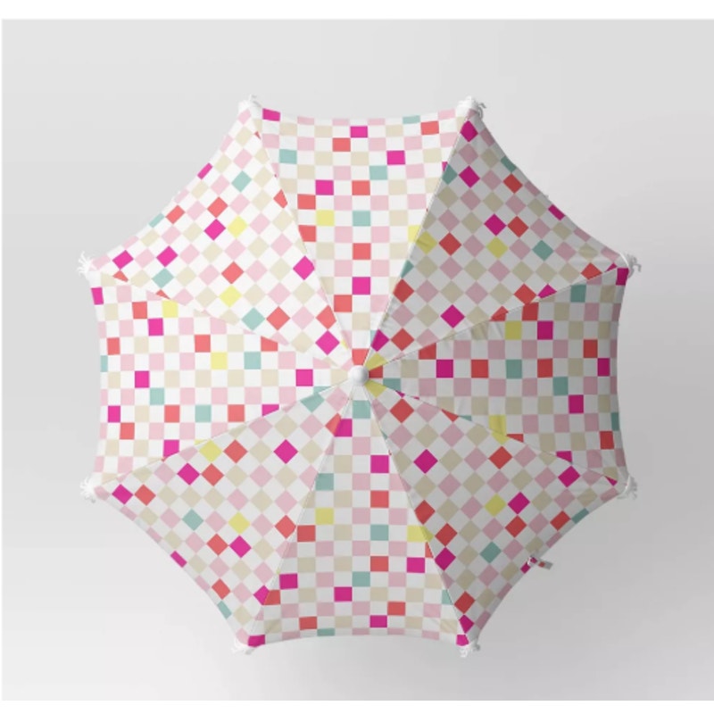 6' Outdoor Patio Beach Umbrella with Fringe – Multicolor Checkered