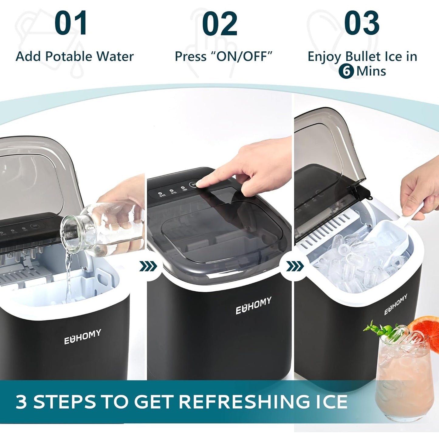 Countertop Bullet Ice Maker 26.4 LB/Day w/ Self-Cleaning & Carry Handle (Black)