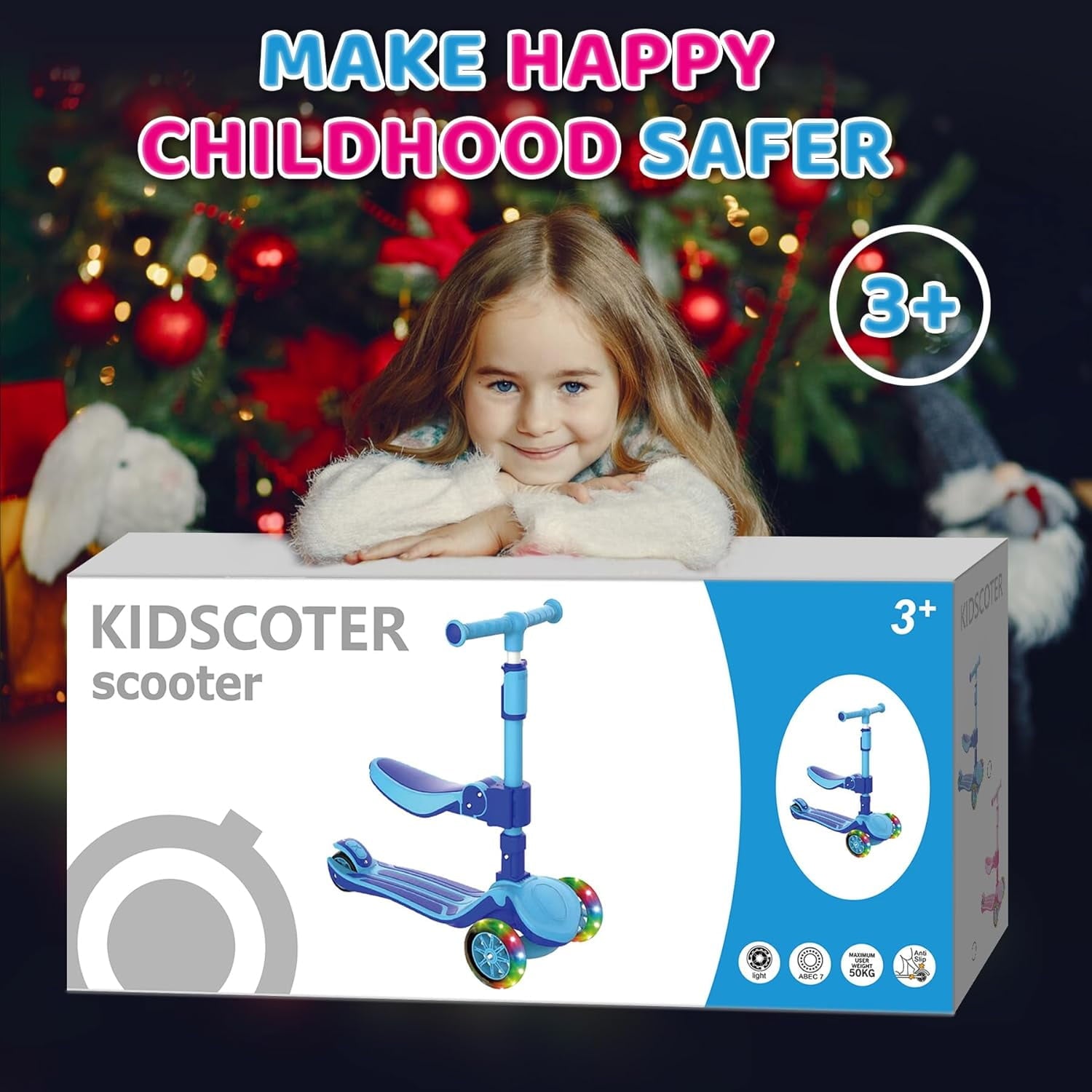 KIDSCOTER 2-in-1 Adjustable Kids Kick Scooter: Removable Seat, LED Light-Up Wheels