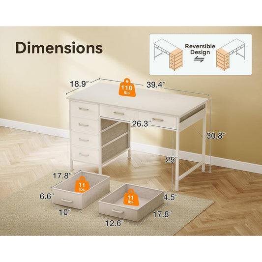 New 40" White Computer Desk with 6 Drawers, Reversible Design