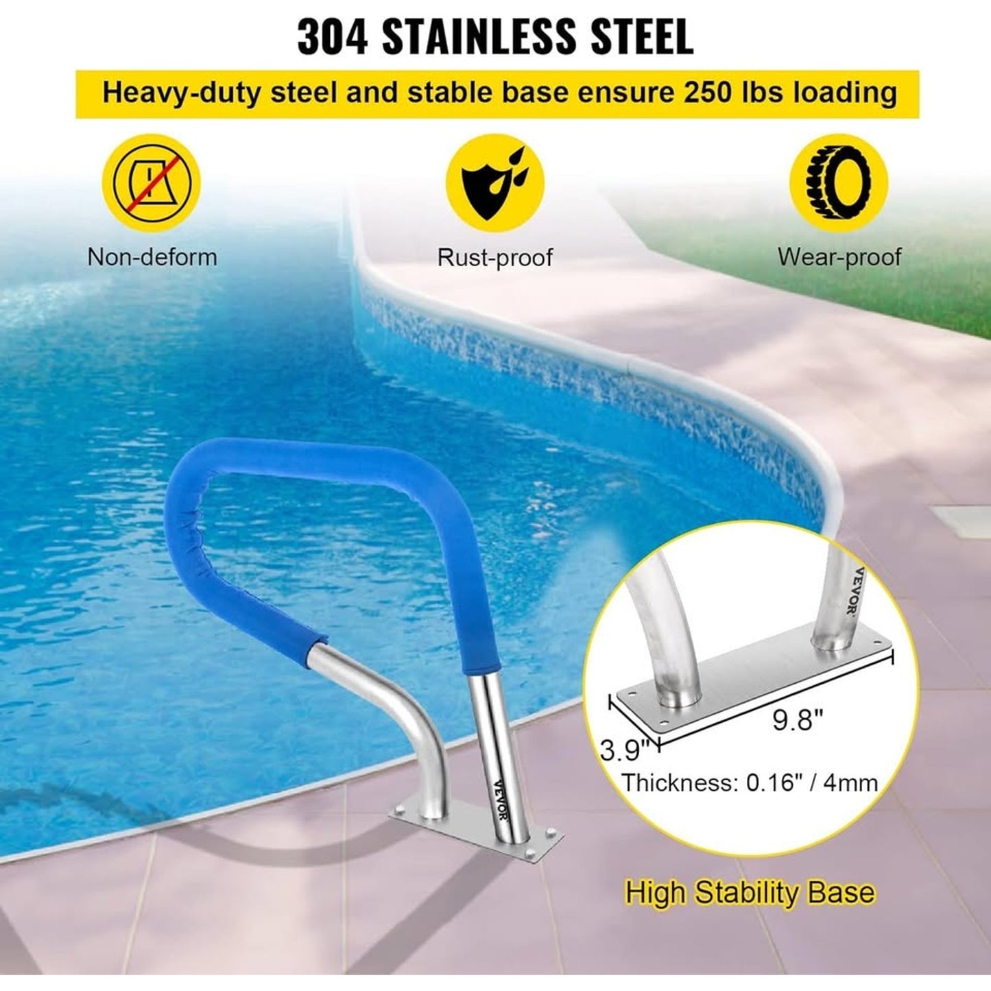 VEVOR YC‑3022 30″×22″ Stainless Steel Pool Handrail w/ Blue Nylon Grip (Complete Kit)