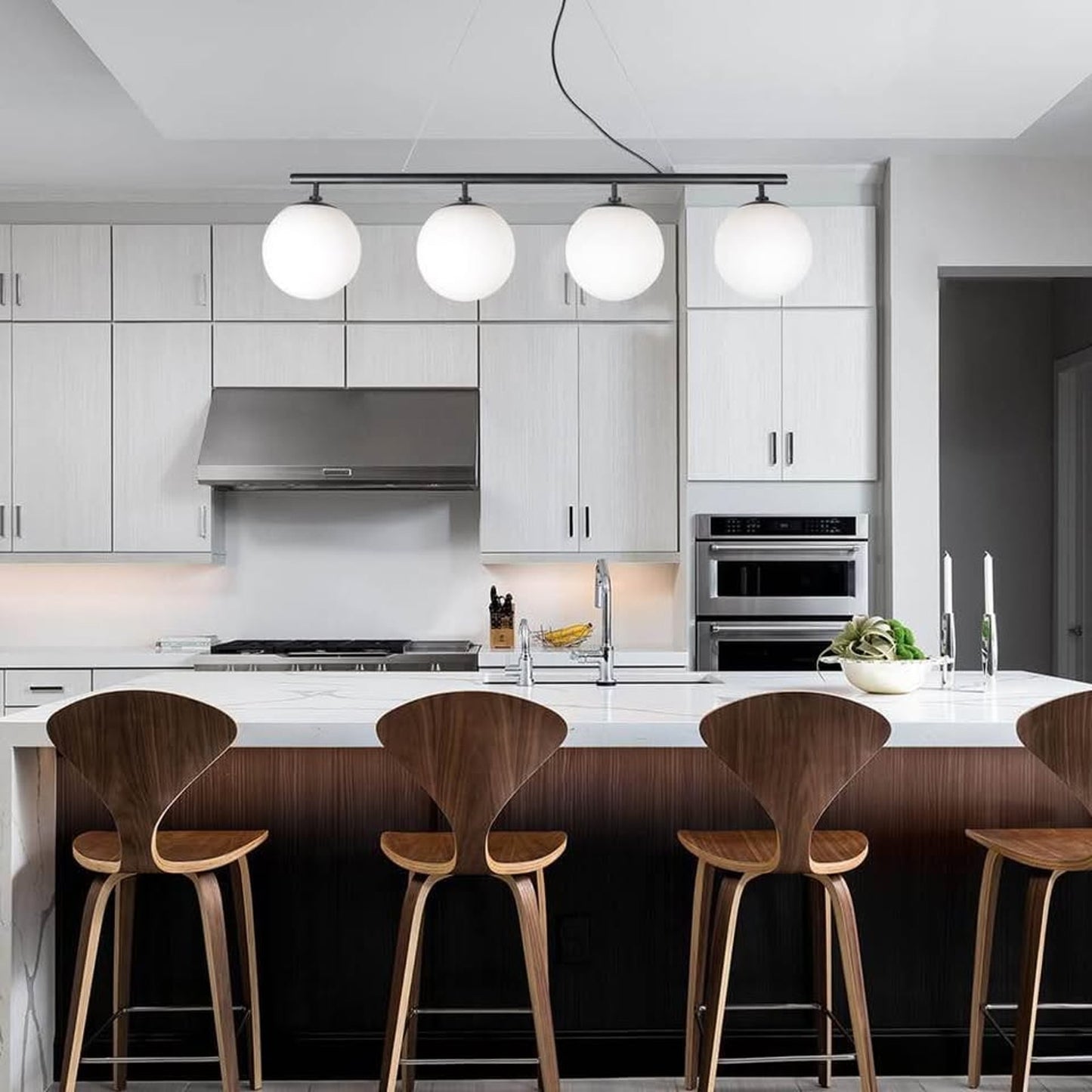 Modern 4-Light Globe Chandelier – Linear Pendant in Matte Black & Gold