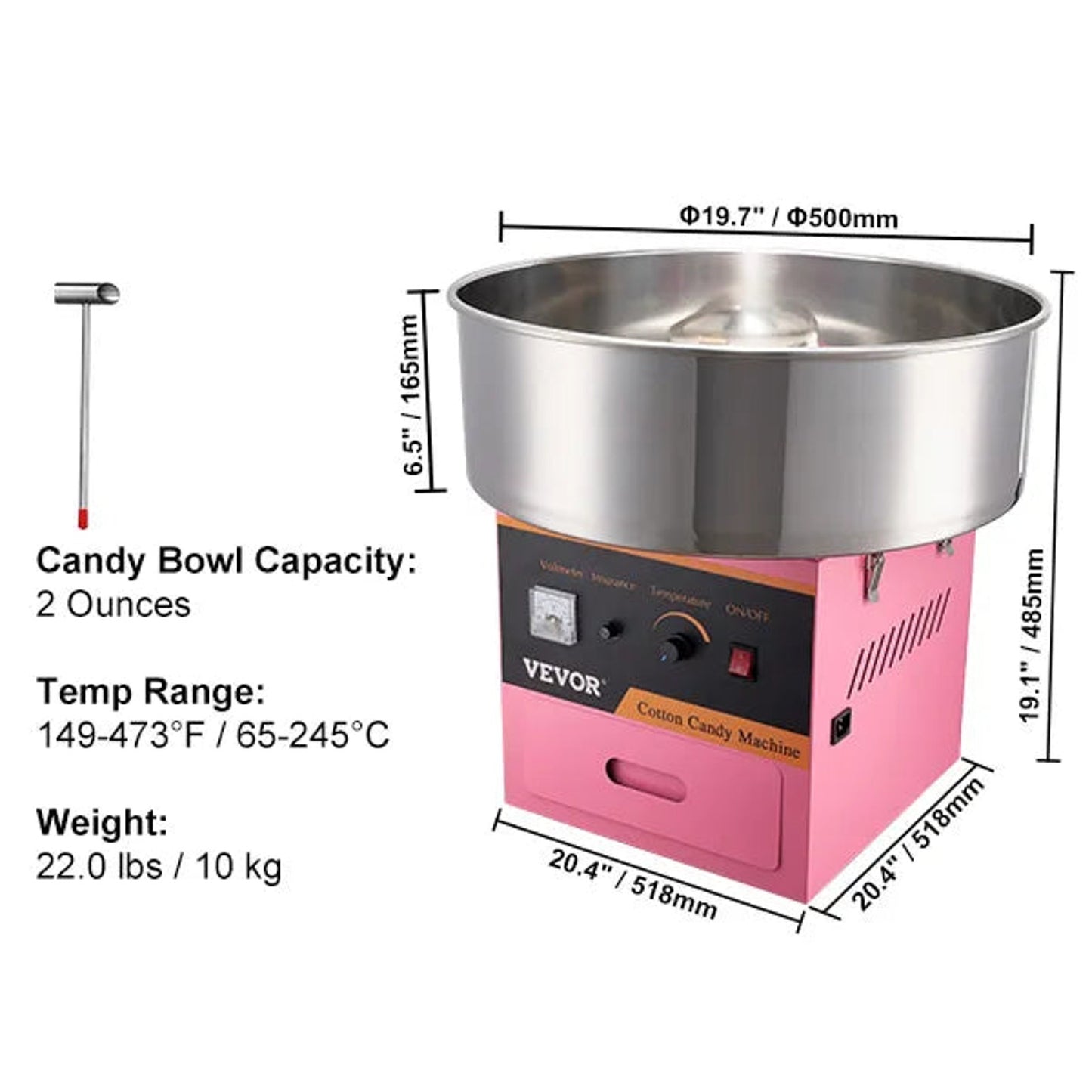 Commercial Cotton Candy Machine 1000W Pink w/ Stainless Steel Bowl