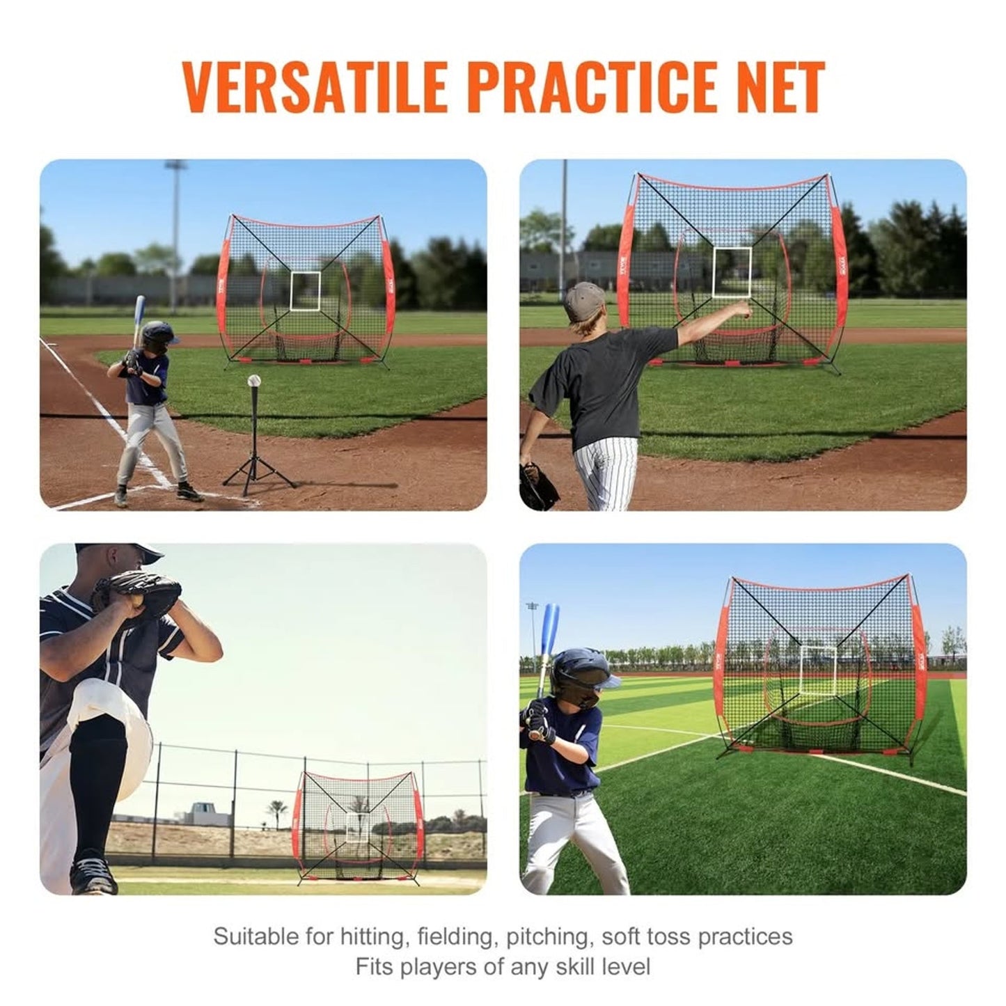 VEVOR 7x7 ft Baseball & Softball Practice Net – Portable Training Net w/ Strike Zone