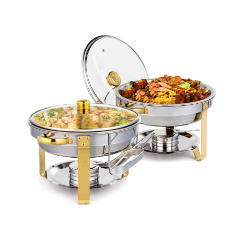 4-Pack 5 QT Round Chafing Dish Buffet Set (Gold Accent)- Brand New