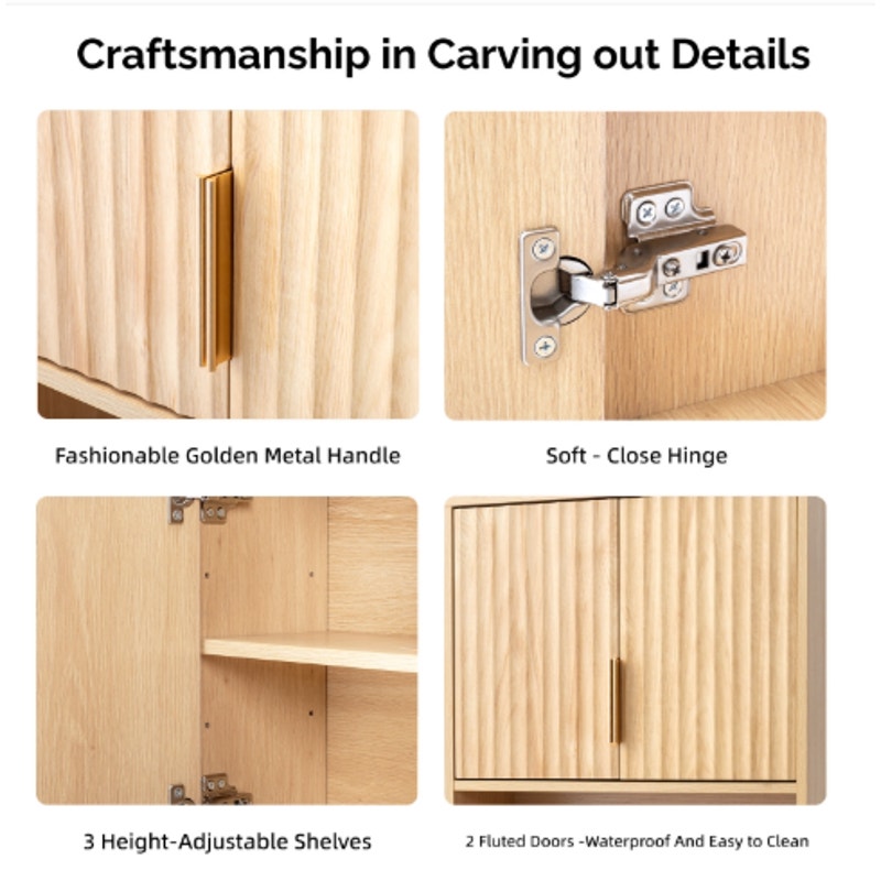 Fluted Wall Cabinet / Natural Oak / 22.8″W × 8″D × 24.6″H / Adjustable Shelf