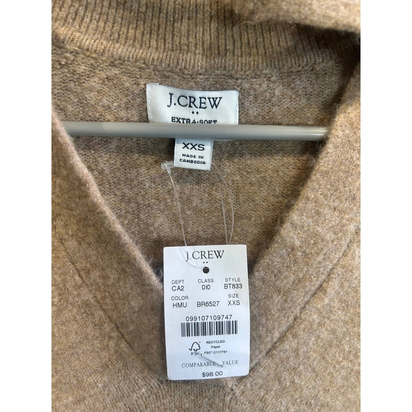 J.Crew NWT Extra-Soft V-Neck Polo Sweater Heather Camel XXS- Minor Flaw