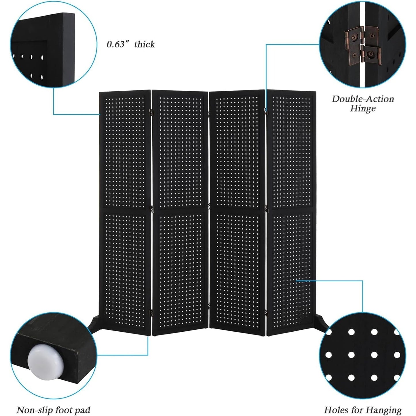 Foldable Wooden Pegboard Display with 4 Panels, Freestanding Craft Organizer