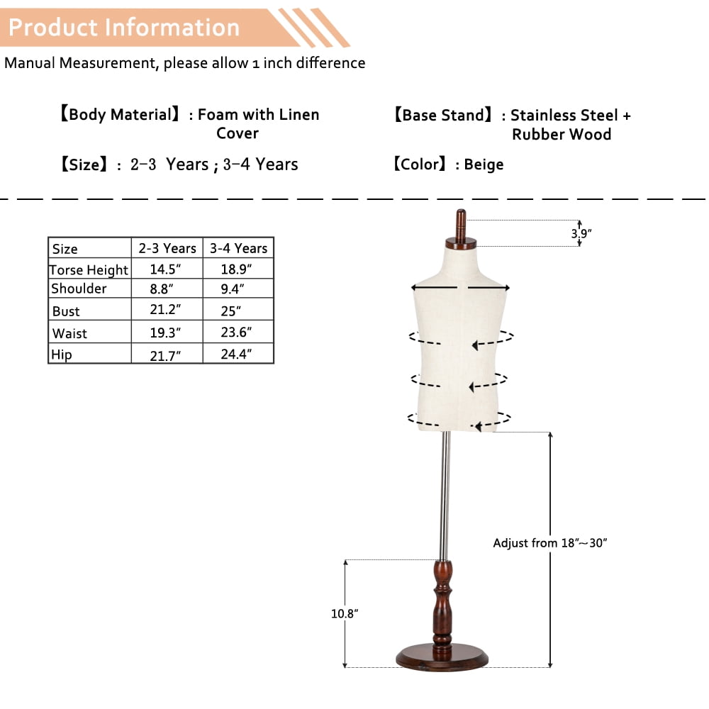 Bonnlo Adjustable White Child Dress Form Mannequin with Wood Stand