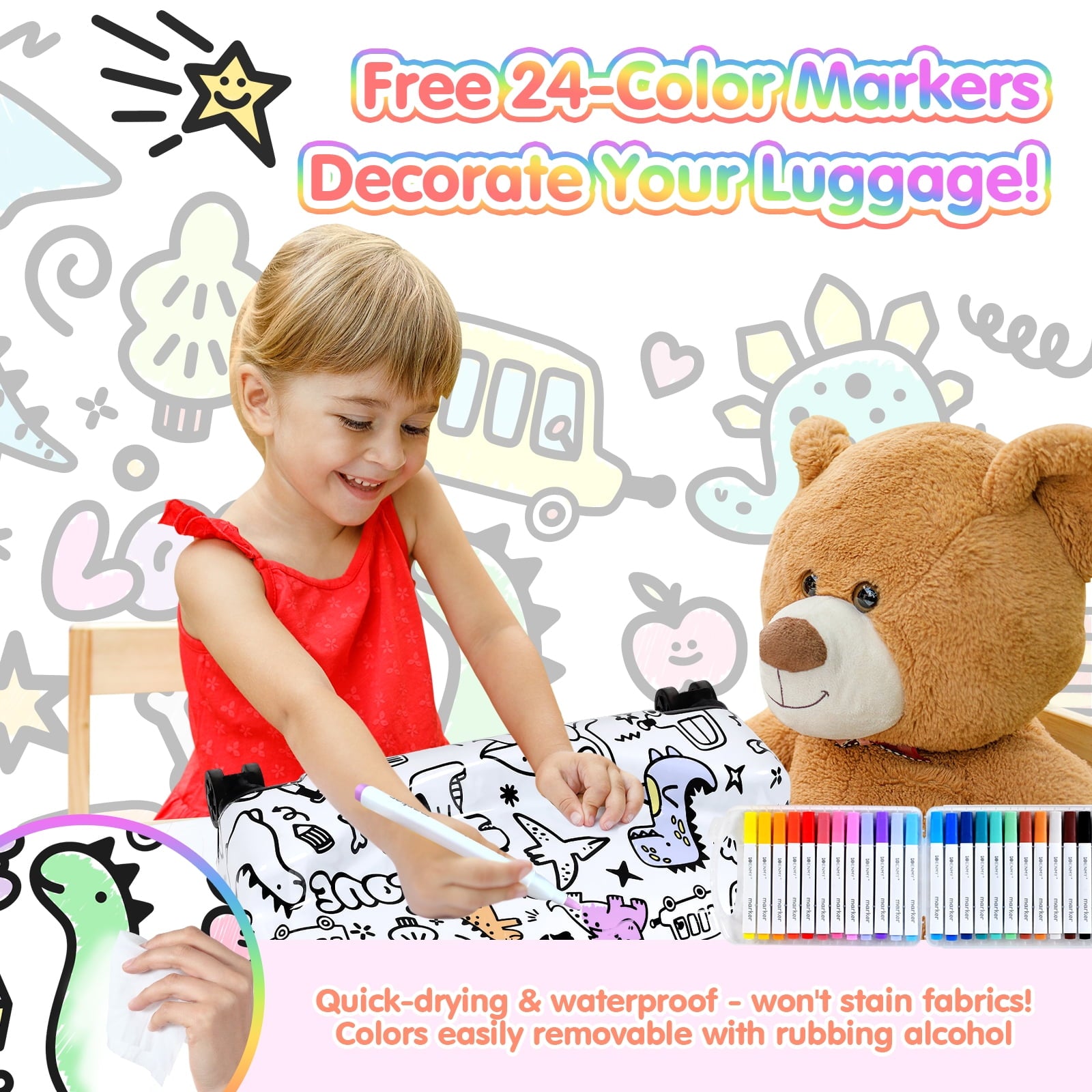 Advwin 20-inch Fun DIY Coloring Kids Ride-On Travel Suitcase with Spinner Wheels