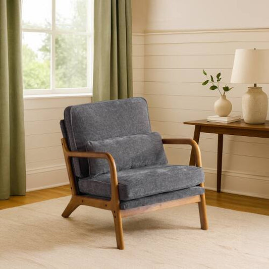 Mid-Century Modern Chenille Accent Chair with Wood Frame & Pillow