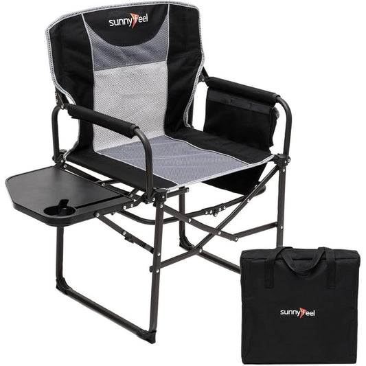 Oversized 21″×25″ Portable Directors Camping Chair with Folding Side Table & Storage
