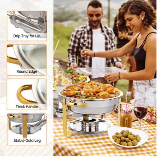 4-Pack 5 QT Round Chafing Dish Buffet Set (Gold Accent)- Brand New