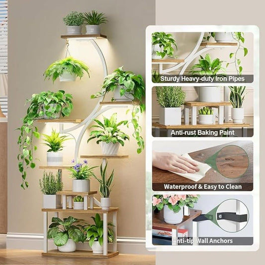 Multi-Tier Plant Stand – White Metal Frame with Brown Wood Square Shelves – Indoor/Outdoor