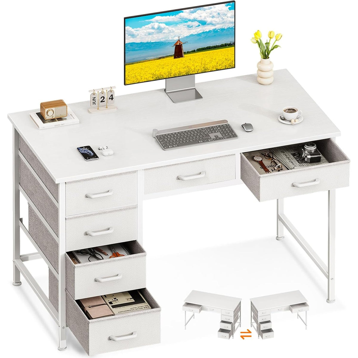 New 40" White Computer Desk with 6 Drawers, Reversible Design